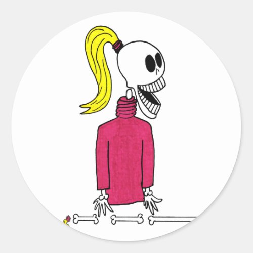 Cute Skeleton Teenager Girl with Pony Tail  Smile Classic Round Sticker