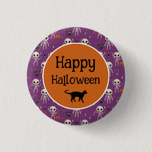 Cute Skeletons and Cat Halloween Purple and Orange Button