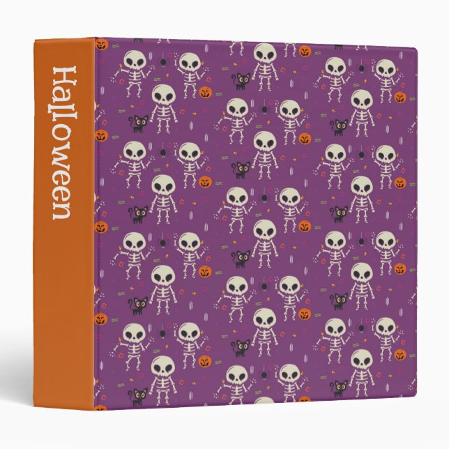 Cute Skeletons Halloween Pattern Purple 3 Ring Binder (Front/Spine)