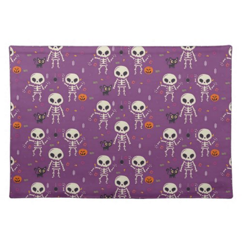 Cute Skeletons Halloween Pattern Purple Cloth Placemat