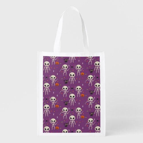 Cute Skeletons Halloween Pattern Purple Grocery Bag