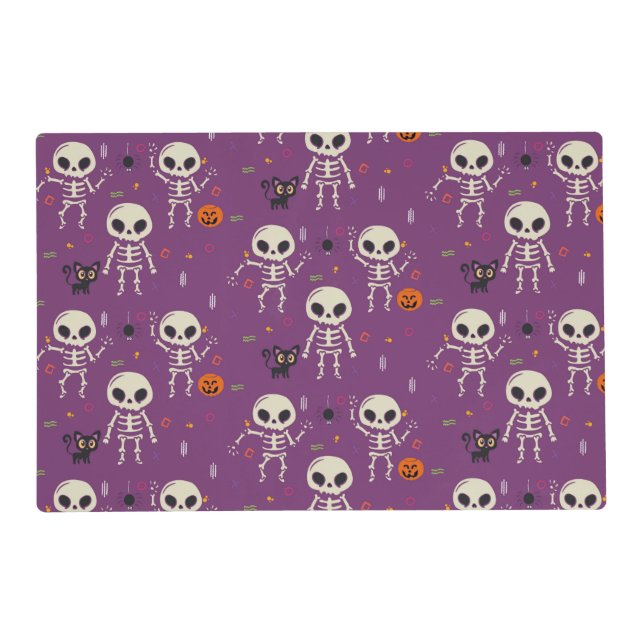 Cute Skeletons Halloween Pattern Purple Placemat (Front)