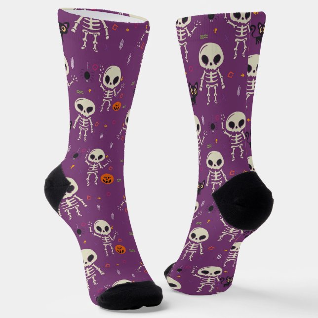 Cute Skeletons Halloween Pattern Purple Socks (Angled)