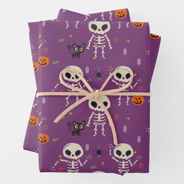 Cute Skeletons Halloween Pattern Purple Wrapping Paper Sheets (In situ)