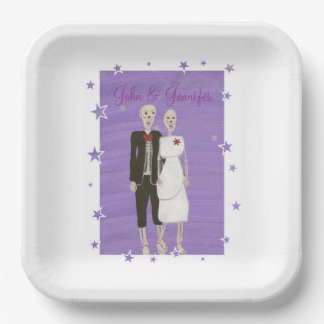 Cute Skeletons Lavender Stars Halloween Wedding Paper Plates