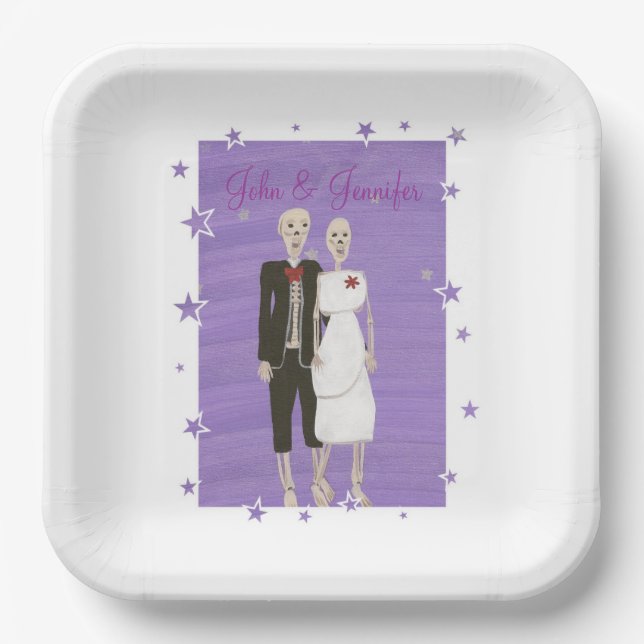 Cute Skeletons Lavender Stars Halloween Wedding Paper Plates (Front)
