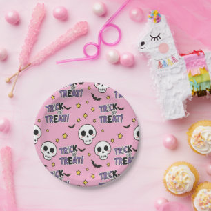 Cute Skeletons Pink For Halloween Paper Plates