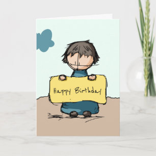 Cute Sketch Boy with a Sign Happy Birthday  Card