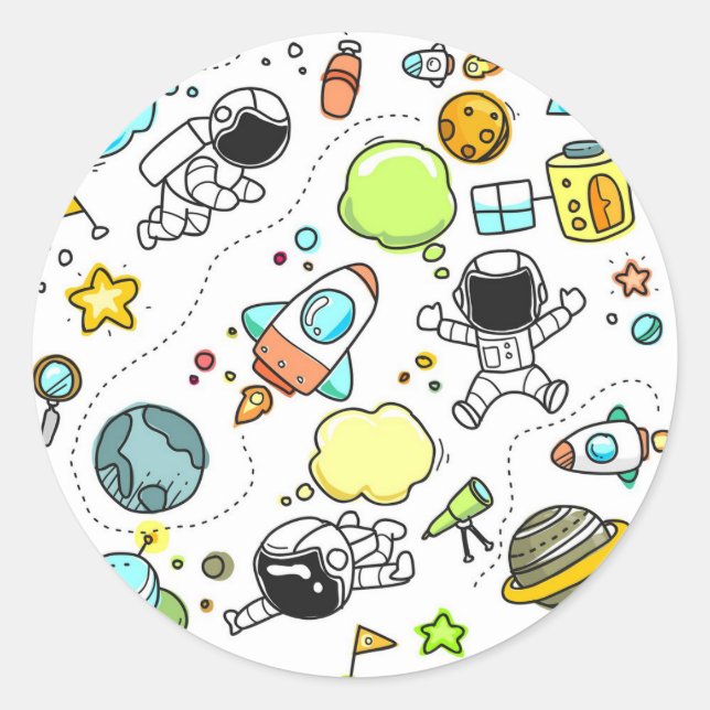 Cute Sketch Space Astronomy Astronaut Pattern Classic Round Sticker (Front)