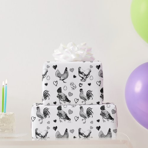 Cute Sketched Chickens Birthday Wrapping Paper