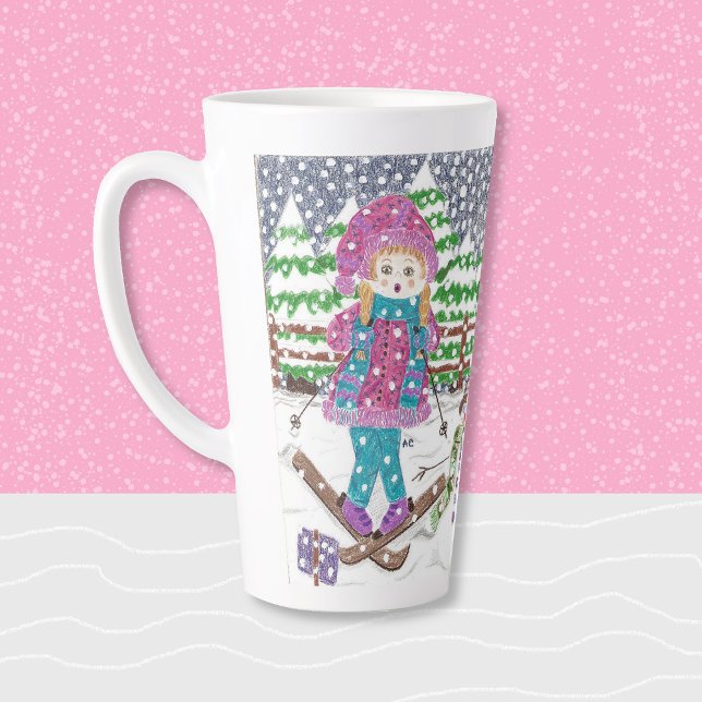 Cute Ski Girl Illustration Latte Mug (Cute latte mug featuring a girl learning how to ski . )