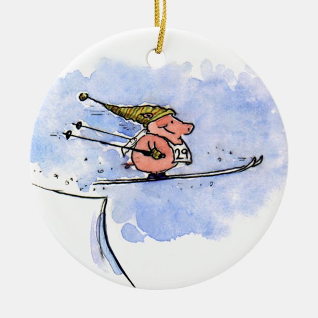 Cute Ski Jumping Pig Winter Holiday Christmas Ceramic Ornament (Front)