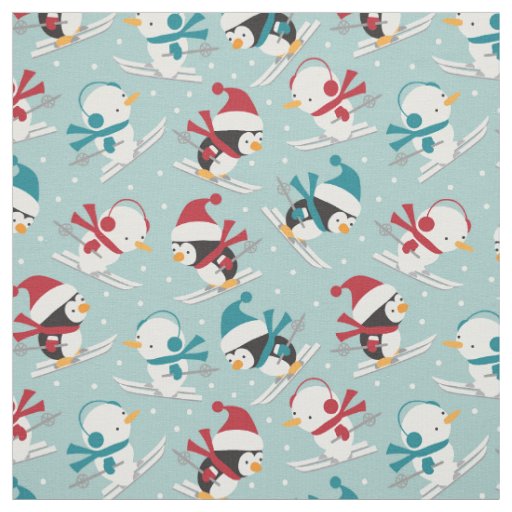 Cute Ski Penguins and Snowmen Fabric