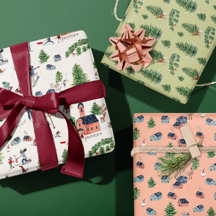 Cute Ski Pink Nordic Christmas Wrapping Paper Sheets