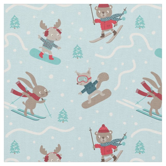 Cute Skiing and Snowboarding Animals on light blue Fabric (Close Up)