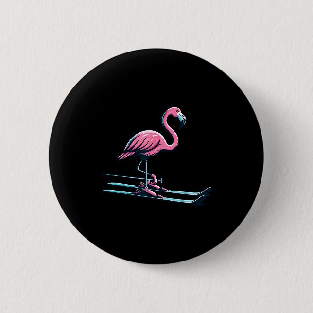 Cute skiing flamingo design winter sports  button (Front)