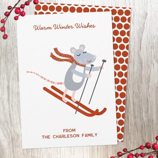 Cute Skiing Mouse Personalized Holiday Card (Creator Uploaded)