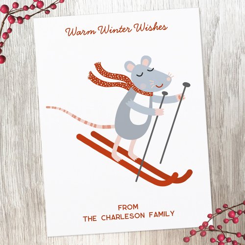 Cute Skiing Mouse Personalized Holiday Postcard