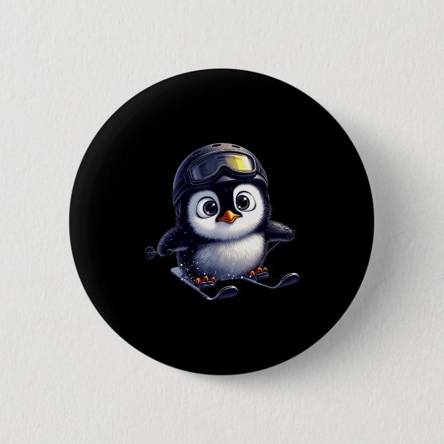 Cute skiing penguin winter adventure crew  button (Front)