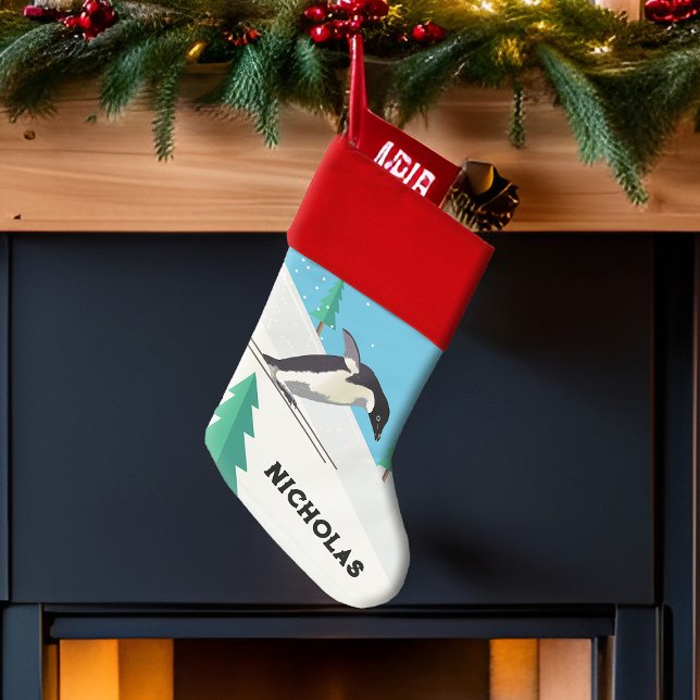 Cute Skiing Winter Penguin Illustration Snow Sport Christmas Stocking (Skiing penguin personalized Christmas stocking)
