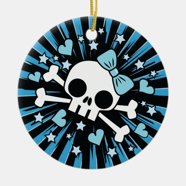 Cute Skull and Crossbones - Blue Ceramic Ornament (Front)
