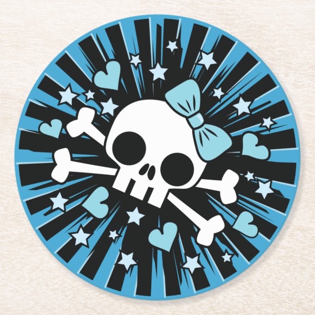 Cute Skull and Crossbones - Blue Round Paper Coaster (Front)