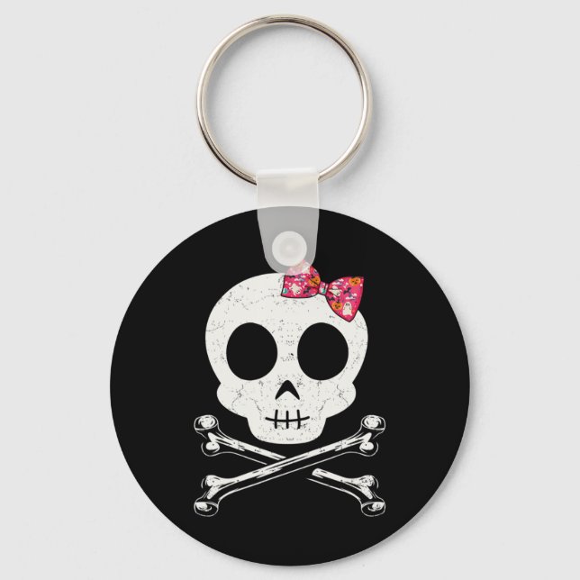 Cute Skull And Crossbones Pink Bow Tie Halloween S Keychain (Front)