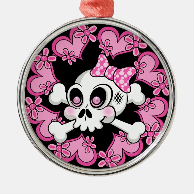 Cute Skull and Hearts Metal Ornament (Front)