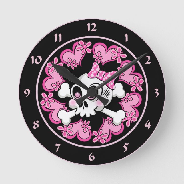 Cute Skull and Hearts Round Clock (Front)