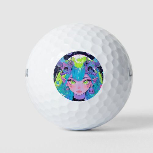 Cute Skull and Horns Punk Rock Anime Girl Golf Balls