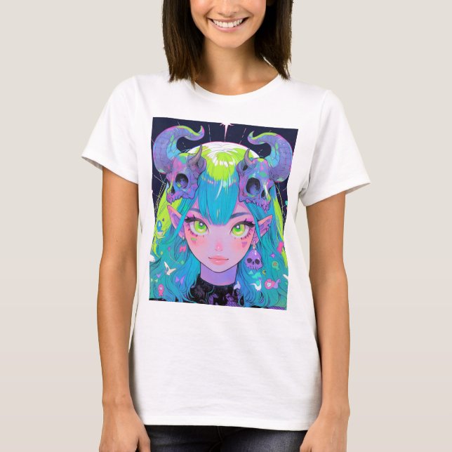 Cute Skull and Horns Punk Rock Anime Girl T-Shirt (Front)