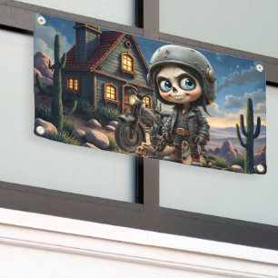 Cute Skull Biker Moonlit Ride Through the Desert Banner