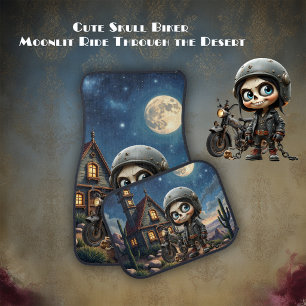 Cute Skull Biker Moonlit Ride Through the Desert Car Floor Mat