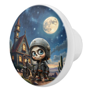 Cute Skull Biker Moonlit Ride Through the Desert Ceramic Knob
