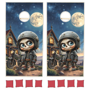 Cute Skull Biker Moonlit Ride Through the Desert Cornhole Set