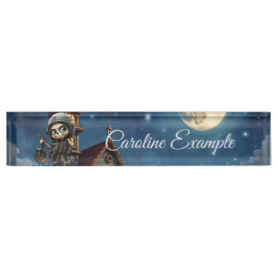 Cute Skull Biker Moonlit Ride Through the Desert Desk Name Plate