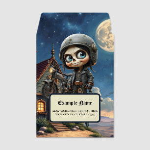 Cute Skull Biker Moonlit Ride Through the Desert Envelope Mailers