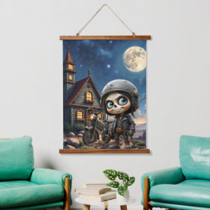 Cute Skull Biker Moonlit Ride Through the Desert Hanging Tapestry