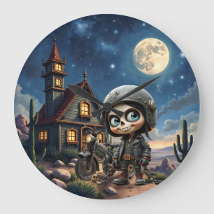 Cute Skull Biker Moonlit Ride Through the Desert Large Clock