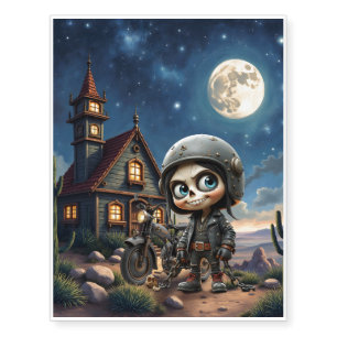 Cute Skull Biker Moonlit Ride Through the Desert Temporary Tattoos