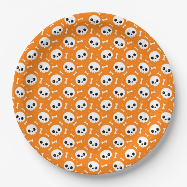 Cute Skull & Bones Halloween Pattern Paper Plates (Front)