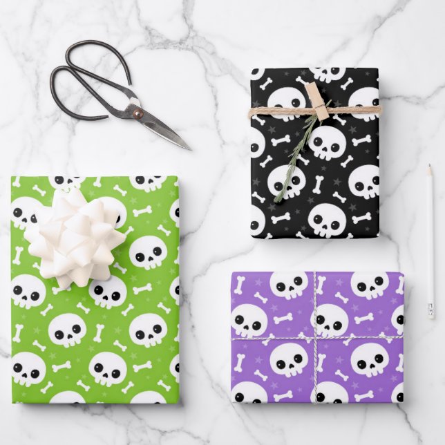 Cute Skull & Bones Halloween Patterns Wrapping Paper Sheets (Front)