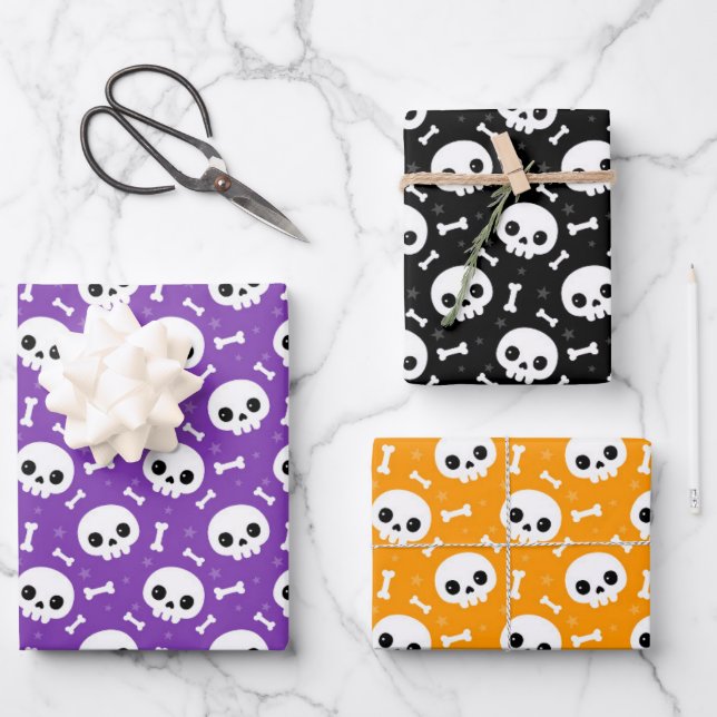 Cute Skull & Bones Halloween Patterns Wrapping Paper Sheets (Front)