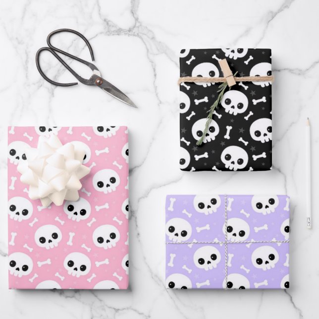 Cute Skull & Bones Halloween Patterns Wrapping Paper Sheets (Front)