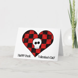 Cute skull in red checkered heart holiday card