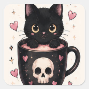 Cute Skull Mug Black Cat Halloween Square Sticker