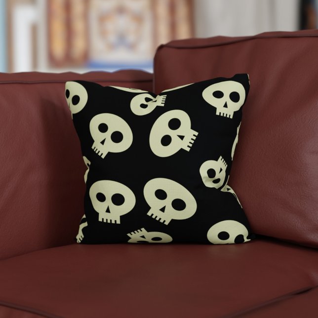 Cute Skull Pattern Black Throw Pillow (A cute black and cream skull pattern pillow for your Halloween home)