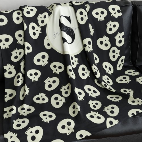 Cute Skull Pattern Monogram Black Fleece Blanket