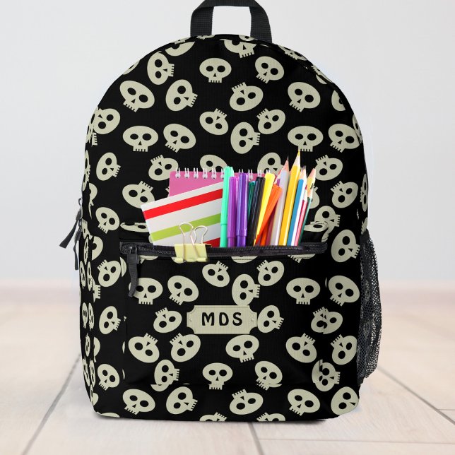 Cute Skull Pattern Monogram Black Printed Backpack (Love cute skulls and backpacks? Just add your initials to this one)