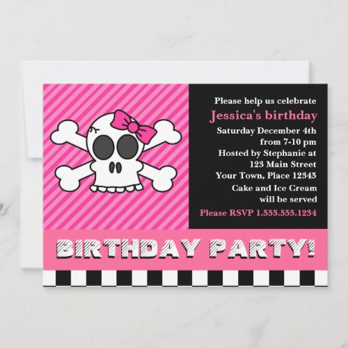 Cute Skull w Bow Birthday Party _ Pink Invitation